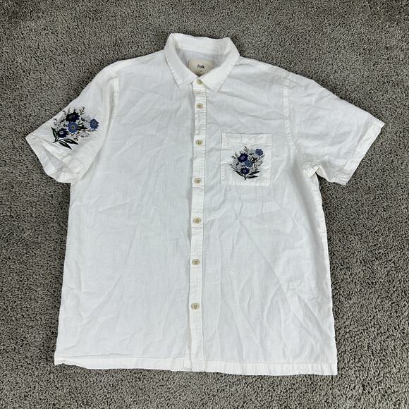 Folk Shirt Mens Medium White Embroidered Floral Short Sleeve Linen Cotton Pocket - Picture 1 of 13